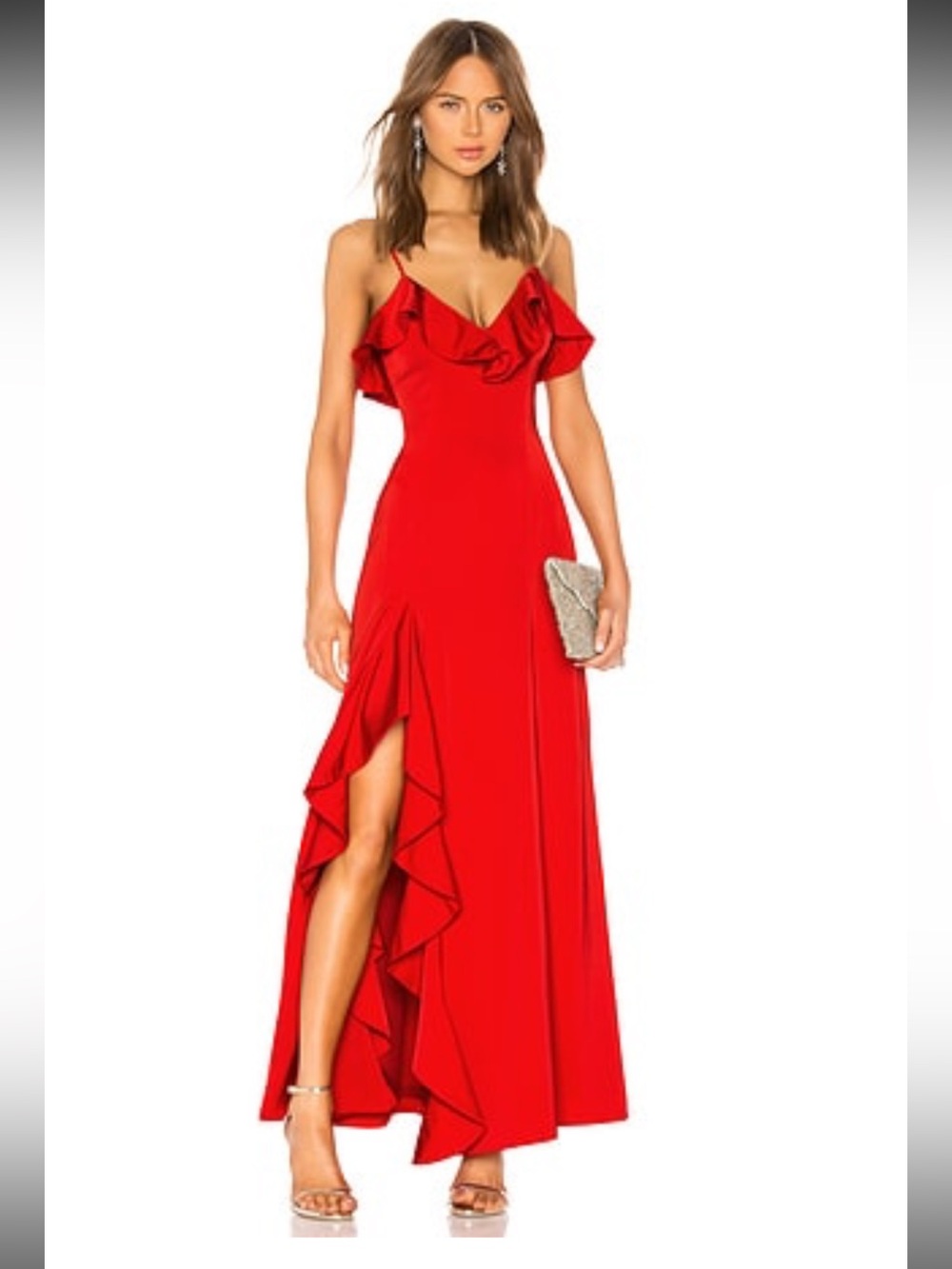 NBD Francine red spaghetti strap gown with draped ruffles